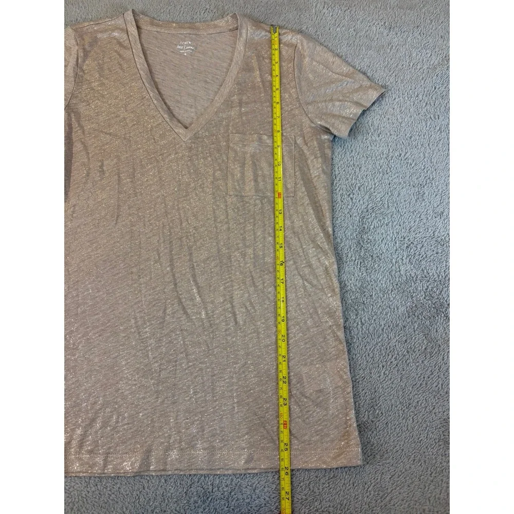 J.Crew Women Linen Metallic Gold  Tan Foil Pocket V-Neck Shirt Small Sheer Chic